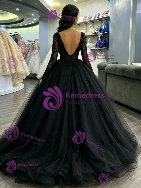 Black Tulle V-neck Long Sleeve Quinceanera Dress