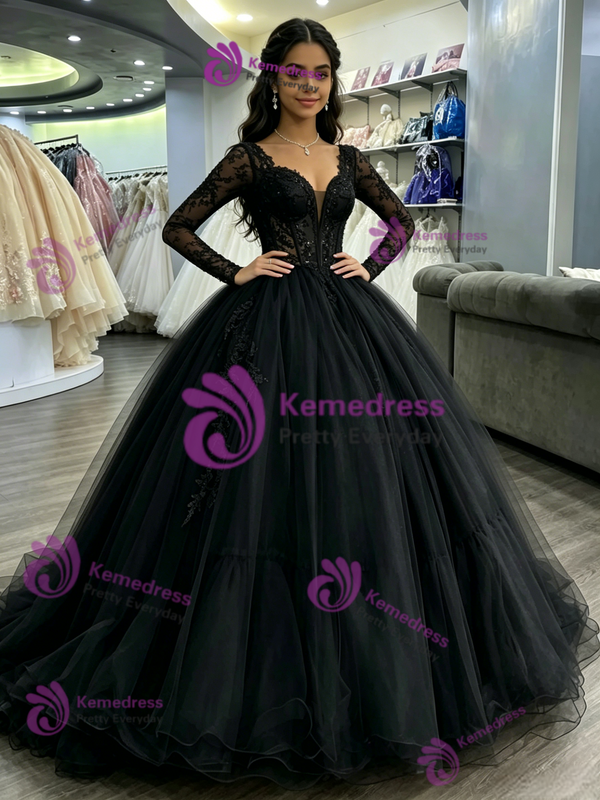 Black Tulle V-neck Long Sleeve Quinceanera Dress