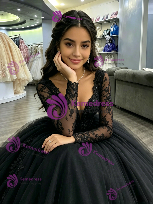 Black Tulle V-neck Long Sleeve Quinceanera Dress