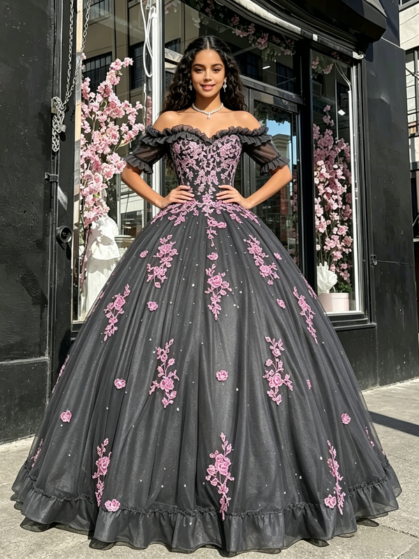 Gray Tulle Off the Shoulder Appliques Quinceanera Dress