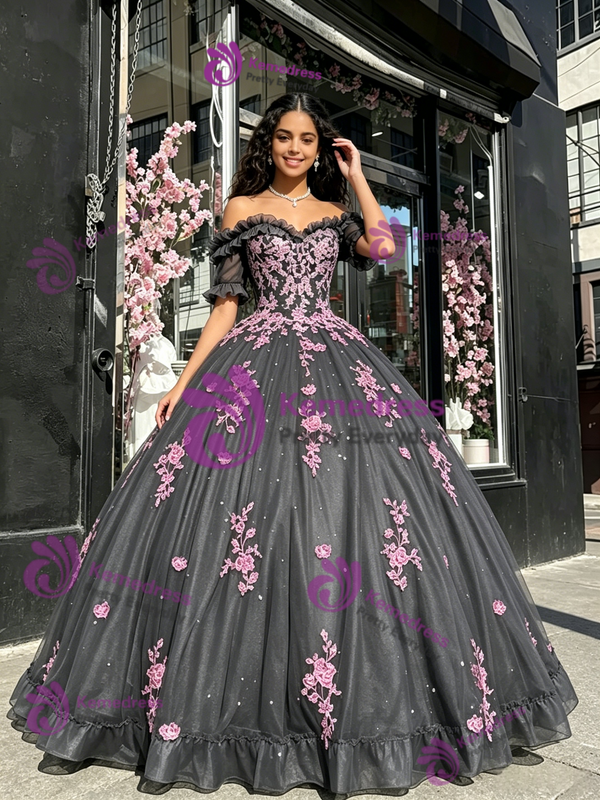Gray Tulle Off the Shoulder Appliques Quinceanera Dress