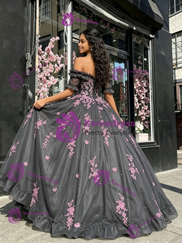Gray Tulle Off the Shoulder Appliques Quinceanera Dress