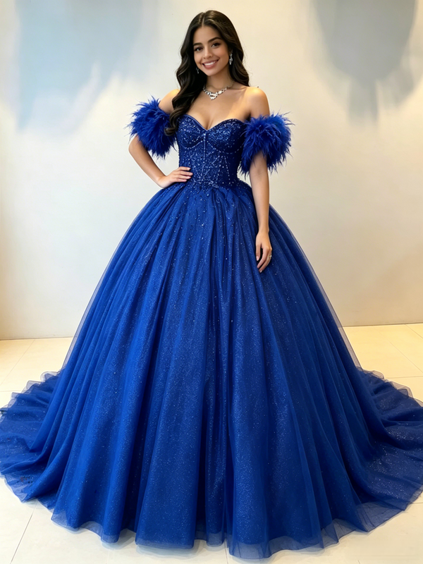 Royal Blue Tulle Off the Shoulder Beading Quinceanera Dress