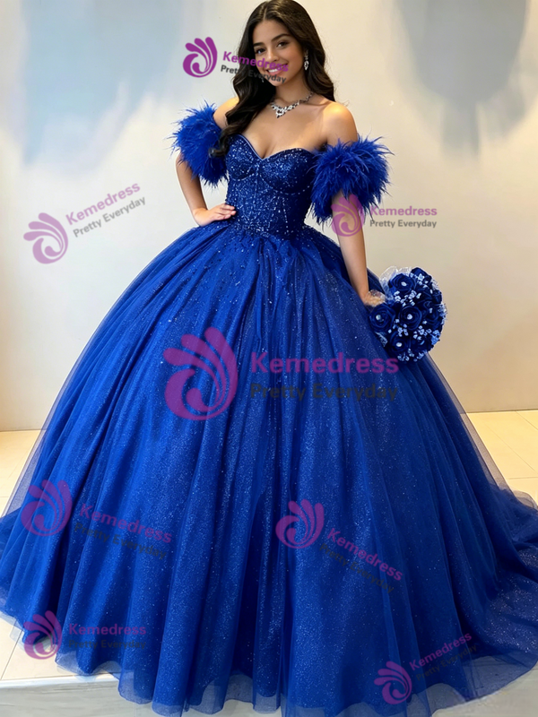 Royal Blue Tulle Off the Shoulder Beading Quinceanera Dress