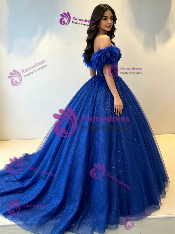 Royal Blue Tulle Off the Shoulder Beading Quinceanera Dress