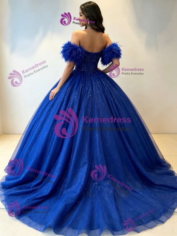 Royal Blue Tulle Off the Shoulder Beading Quinceanera Dress