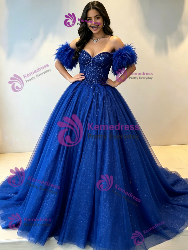 Royal Blue Tulle Off the Shoulder Beading Quinceanera Dress