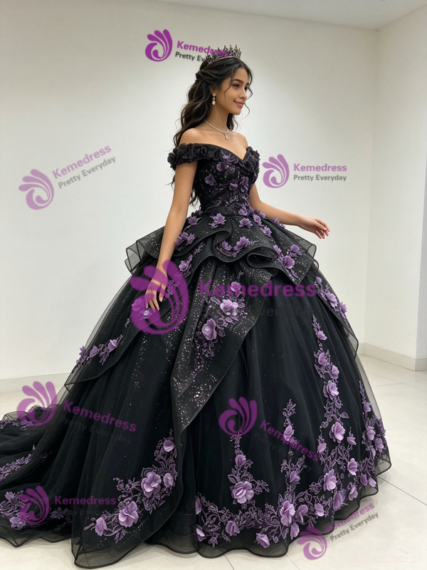 Black Tulle Off the Shoulder Appliques Quinceanera Dress