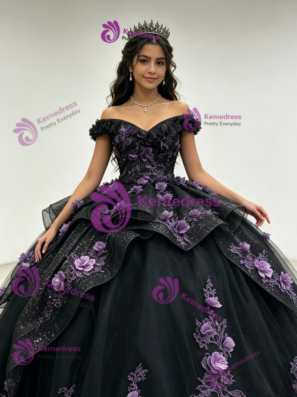 Black Tulle Off the Shoulder Appliques Quinceanera Dress