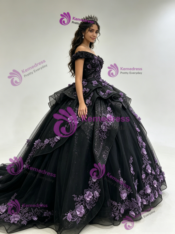 Black Tulle Off the Shoulder Appliques Quinceanera Dress