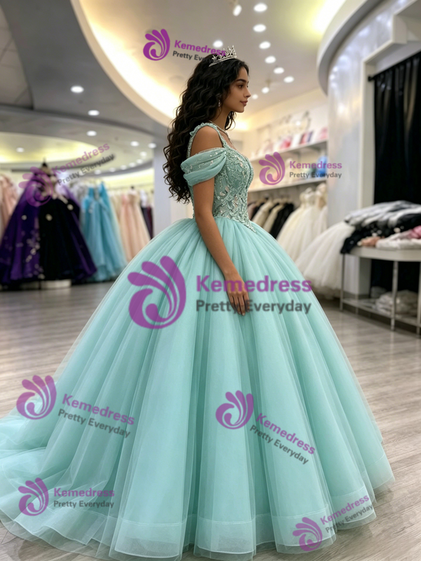 Blue Tulle Straps Appliques Quinceanera Dress