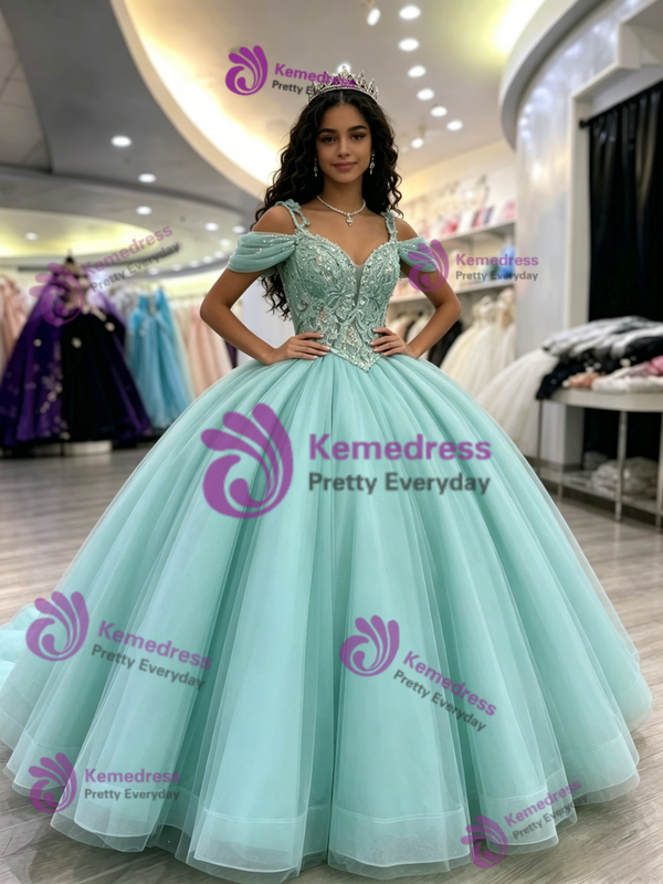 Blue Tulle Straps Appliques Quinceanera Dress