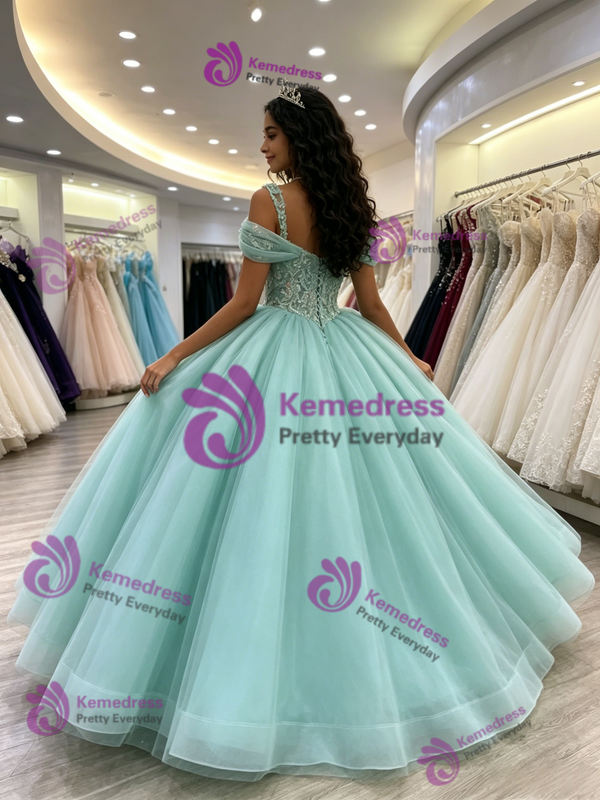 Blue Tulle Straps Appliques Quinceanera Dress
