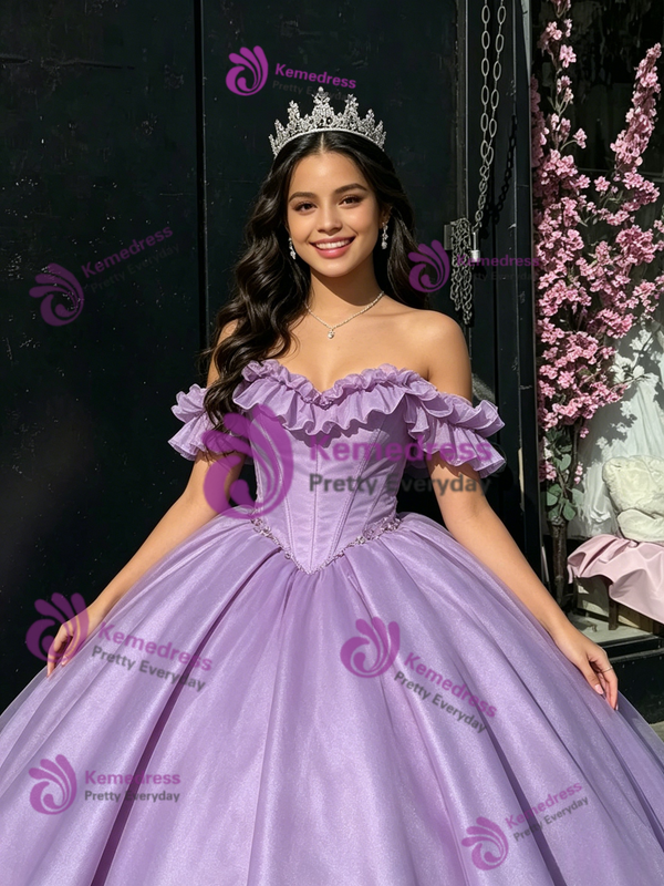 Purple Tulle Off the Shoulder Quinceanera Dress