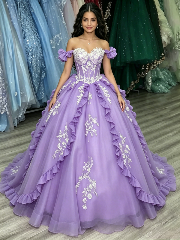 Purple Tulle Off the Shoulder Appliques Quinceanera Dress
