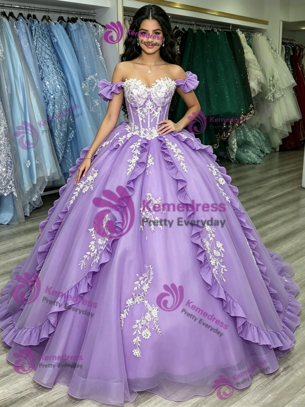 Purple Tulle Off the Shoulder Appliques Quinceanera Dress