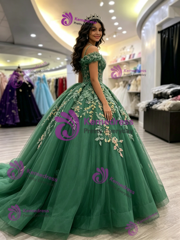 Green Tulle Straps Appliques Quinceanera Dress