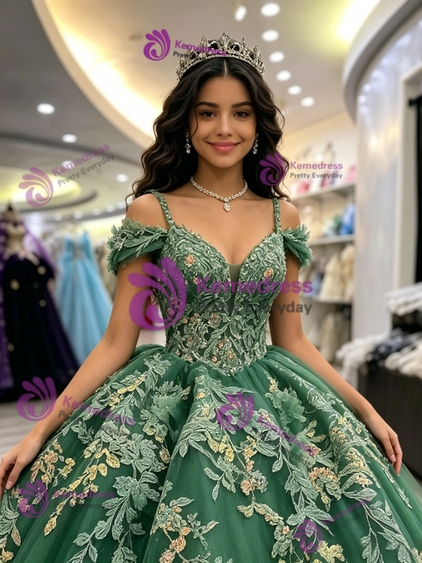 Green Tulle Straps Appliques Quinceanera Dress