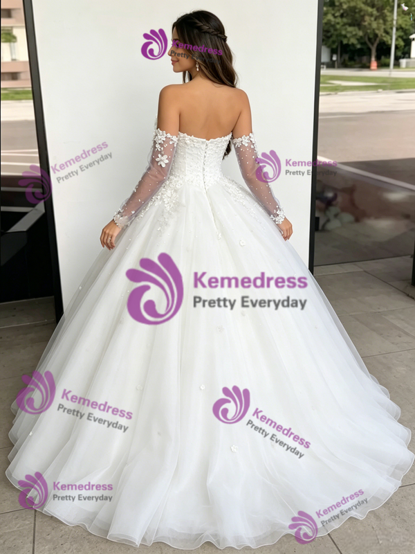 White Tulle Strapless Appliques Quinceanera Dress