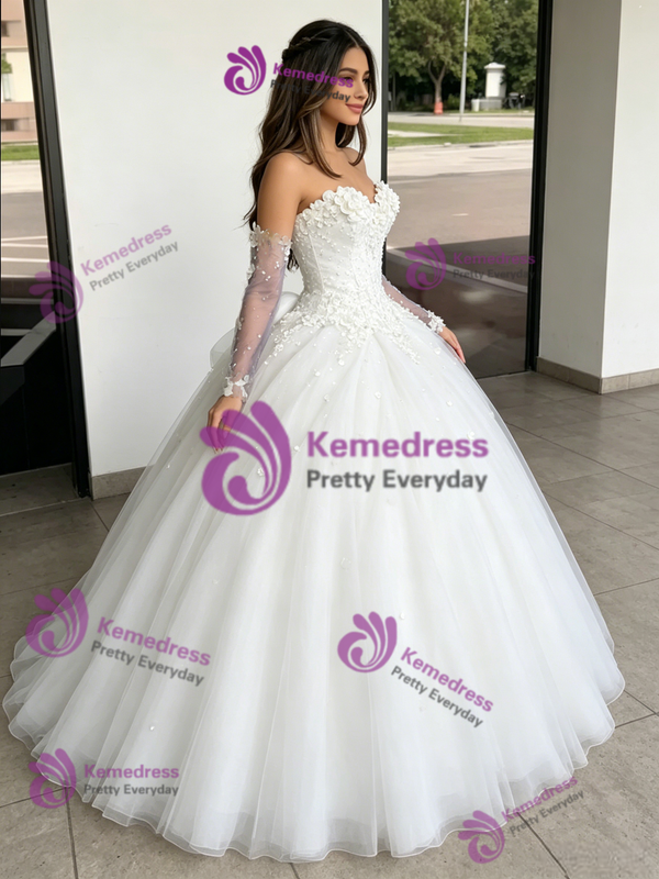 White Tulle Strapless Appliques Quinceanera Dress