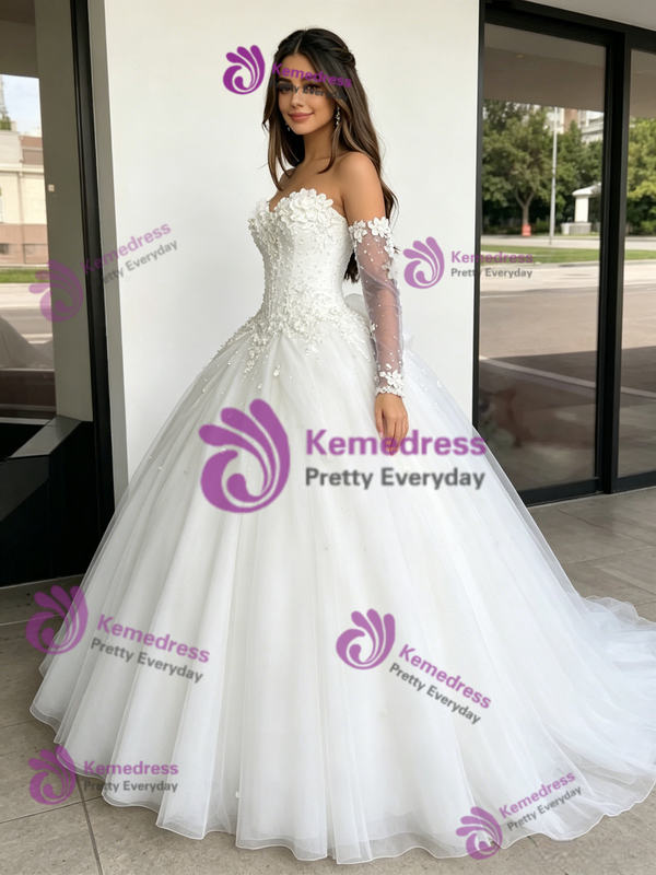 White Tulle Strapless Appliques Quinceanera Dress