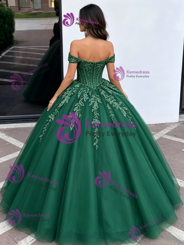 Green Tulle Off The Shoulder Appliques Quinceanera Dress