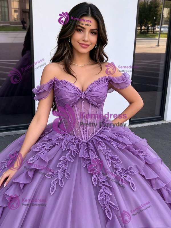 Purple Off the Shoulder Appliques Quinceanera Dress