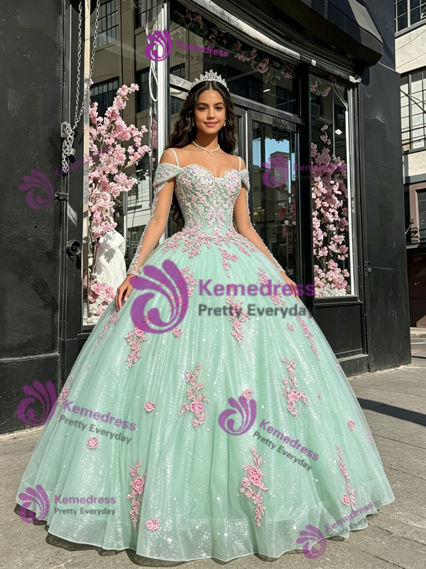 Green Tulle Sequins Straps Appliques Quinceanera Dress