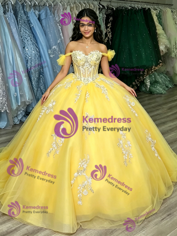 Yellow Tulle Off the Shoulder Appliques Quinceanera Dress