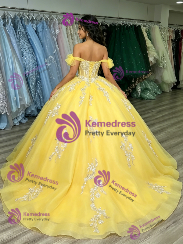 Yellow Tulle Off the Shoulder Appliques Quinceanera Dress