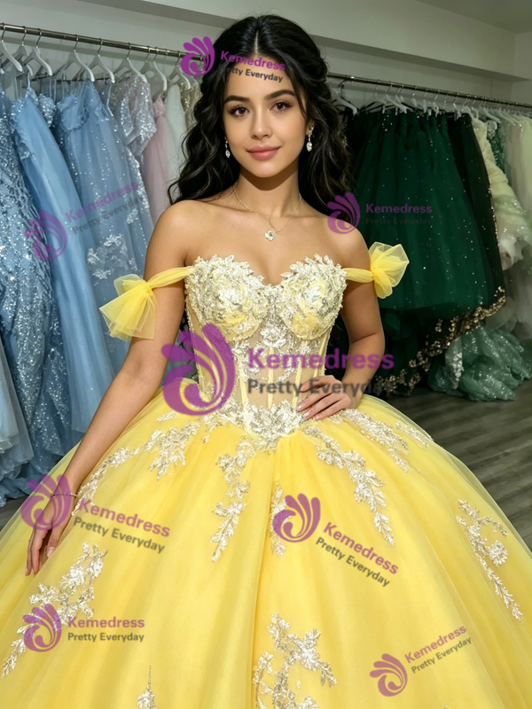 Yellow Tulle Off the Shoulder Appliques Quinceanera Dress