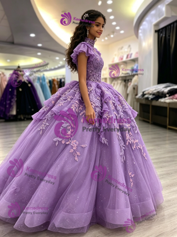Purple Tulle High Neck Appliques Quinceanera Dress