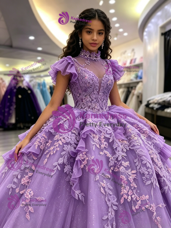 Purple Tulle High Neck Appliques Quinceanera Dress