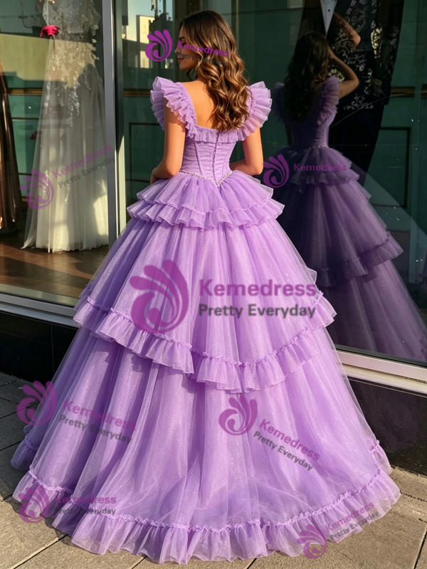 Purple Tulle Straps Beading Quinceanera Dress