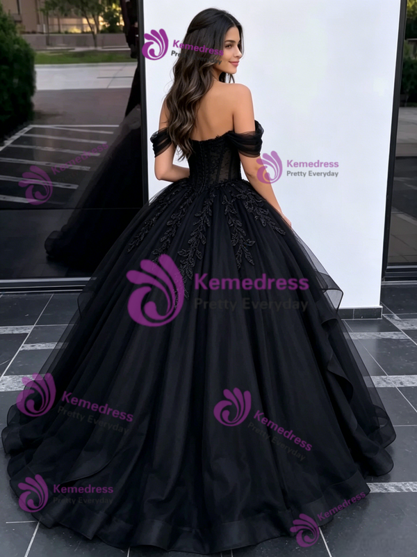 Black Tulle Off the Shoulder Appliques Quinceanera Dress
