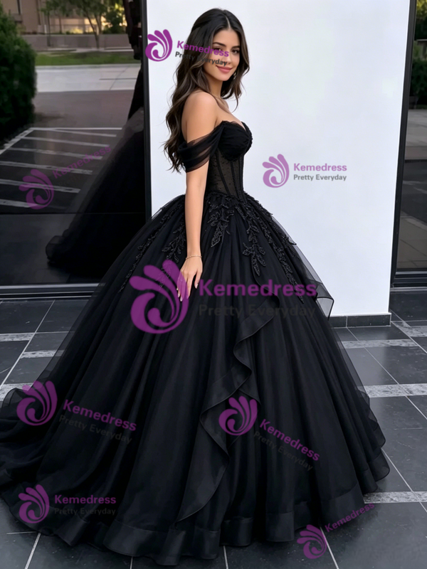 Black Tulle Off the Shoulder Appliques Quinceanera Dress