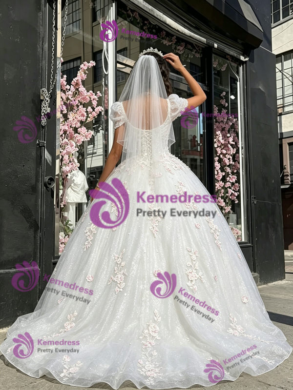 White Sequins Tulle Puff Sleeve Appliques Quinceanera Dress