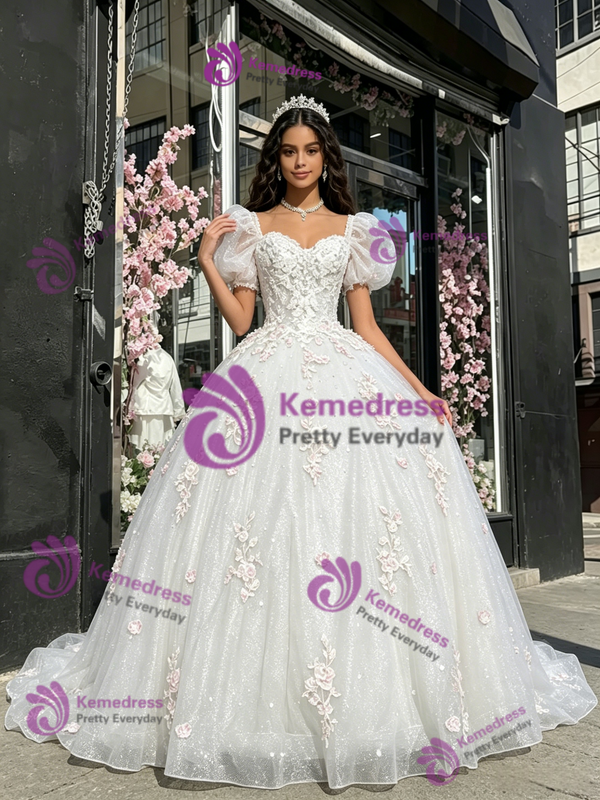 White Sequins Tulle Puff Sleeve Appliques Quinceanera Dress