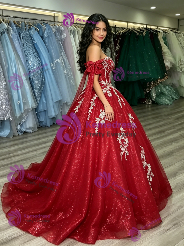 Red Tulle Sequins Appliques Quinceanera Dress