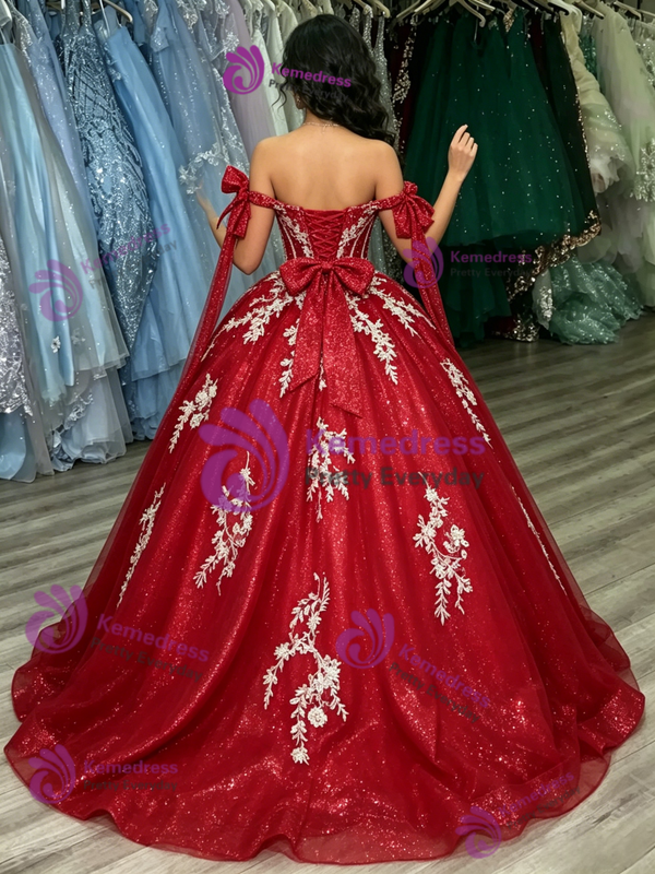 Red Tulle Sequins Appliques Quinceanera Dress