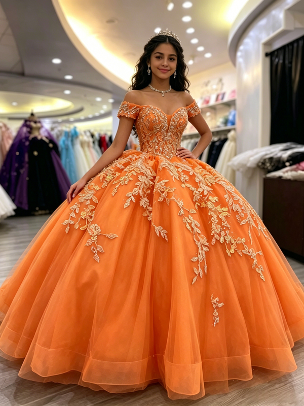 Orange Tulle Off the Shoulder Appliques Quinceanera Dress