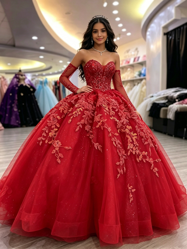 Red Tulle Strapless Appliques Quinceanera Dress
