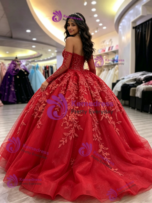 Red Tulle Strapless Appliques Quinceanera Dress