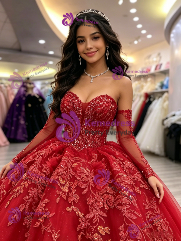 Red Tulle Strapless Appliques Quinceanera Dress
