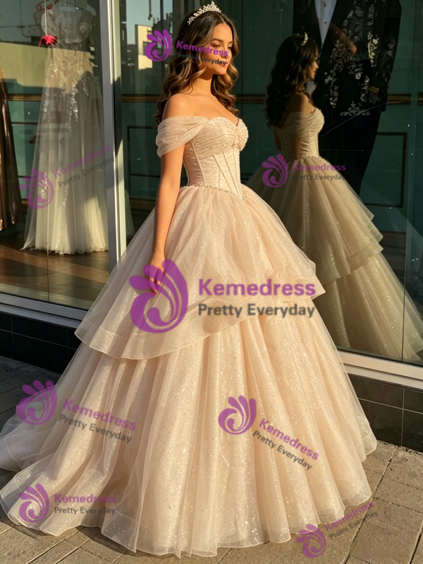 Champagne Tulle Off the Shoulder Quinceanera Dress