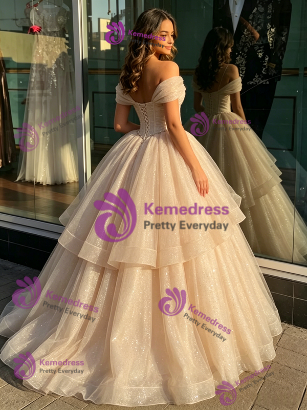 Champagne Tulle Off the Shoulder Quinceanera Dress