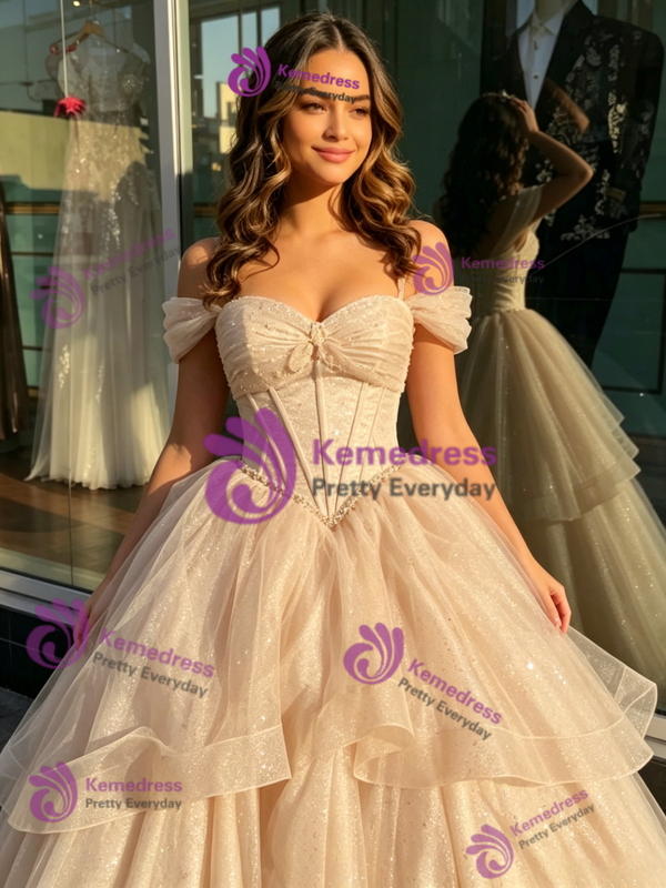 Champagne Tulle Off the Shoulder Quinceanera Dress