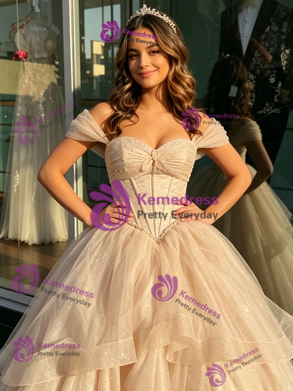 Champagne Tulle Off the Shoulder Quinceanera Dress