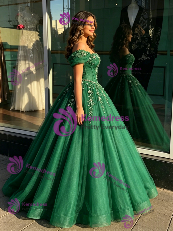 Green Tulle Off the Shoulder Beading Quinceanera Dress