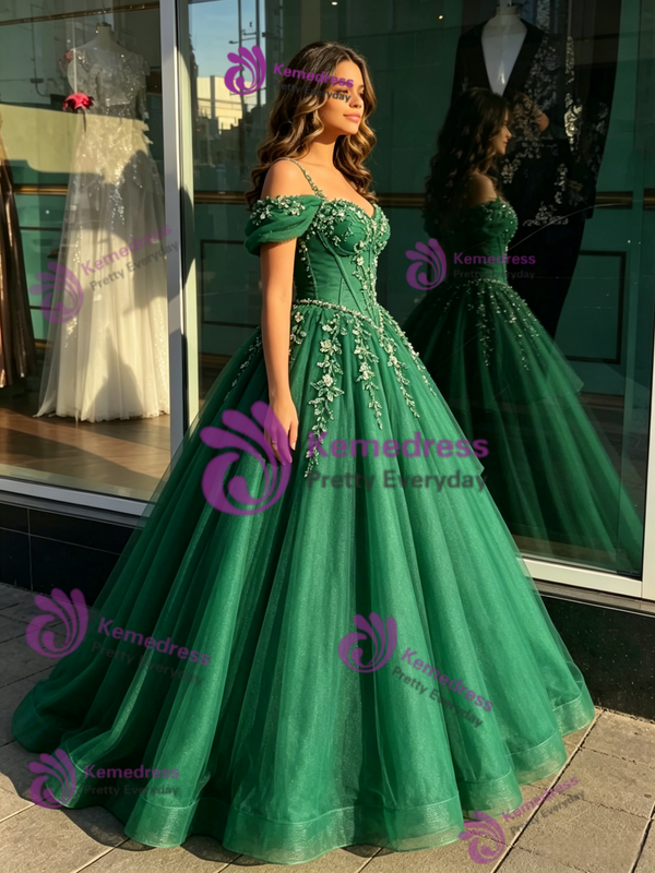 Green Tulle Off the Shoulder Beading Quinceanera Dress